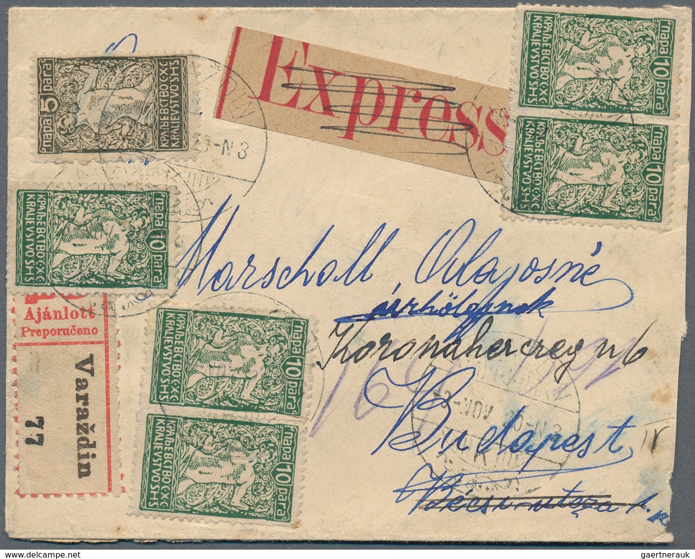Jugoslawien: 1920 Smaller Letter Registered And Despatched Express To BUDAPEST Franked With 5p Olive - Neufs