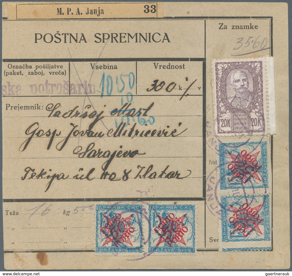 Jugoslawien: 1921. New Slovenian Parcel Card Accompanying Heavy Parcel Of 16 Kg 500 Gr, To An Addres - Neufs