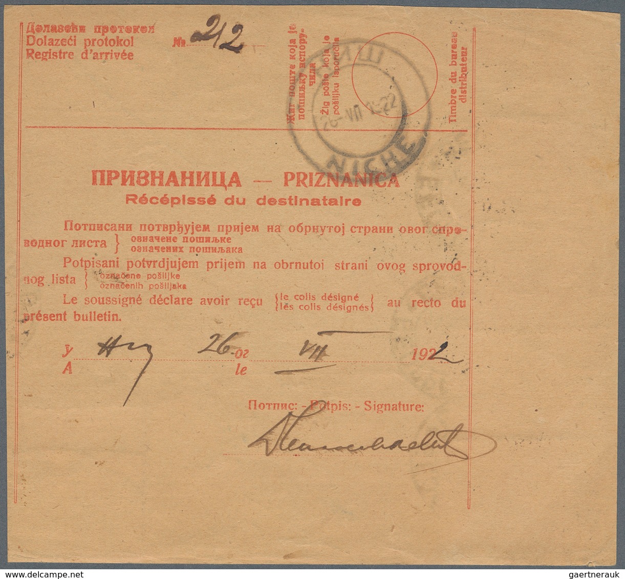 Jugoslawien: 1922, Red/chamois "SPROVODNI LIST" Accompanying A Large Parcel Of 15kg, Value Declared - Neufs