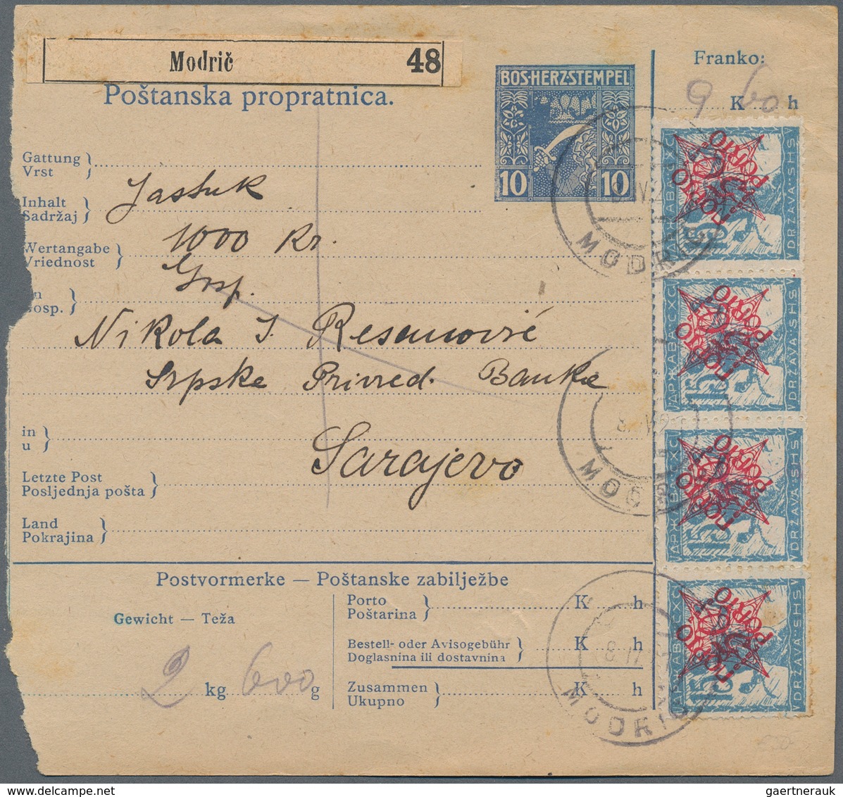 Jugoslawien: 1921, 10(h) Blue/chamois Old Bosnian "Sword" Type Value Declared Parcel Card To Sarajev - Unused Stamps