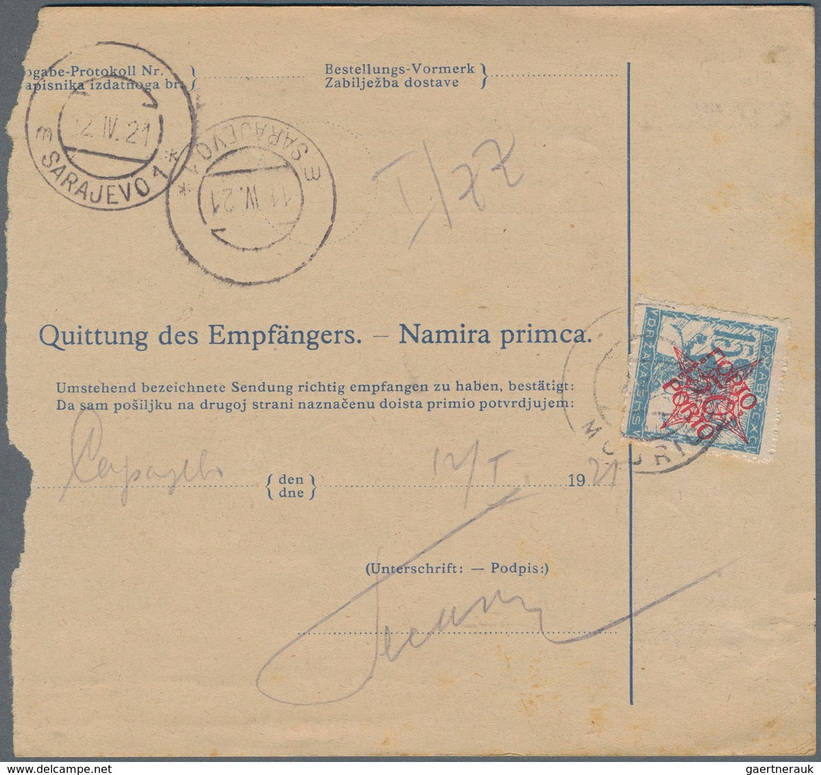 Jugoslawien: 1921, 10(h) Blue/chamois Old Bosnian "Sword" Type Value Declared Parcel Card To Sarajev - Neufs