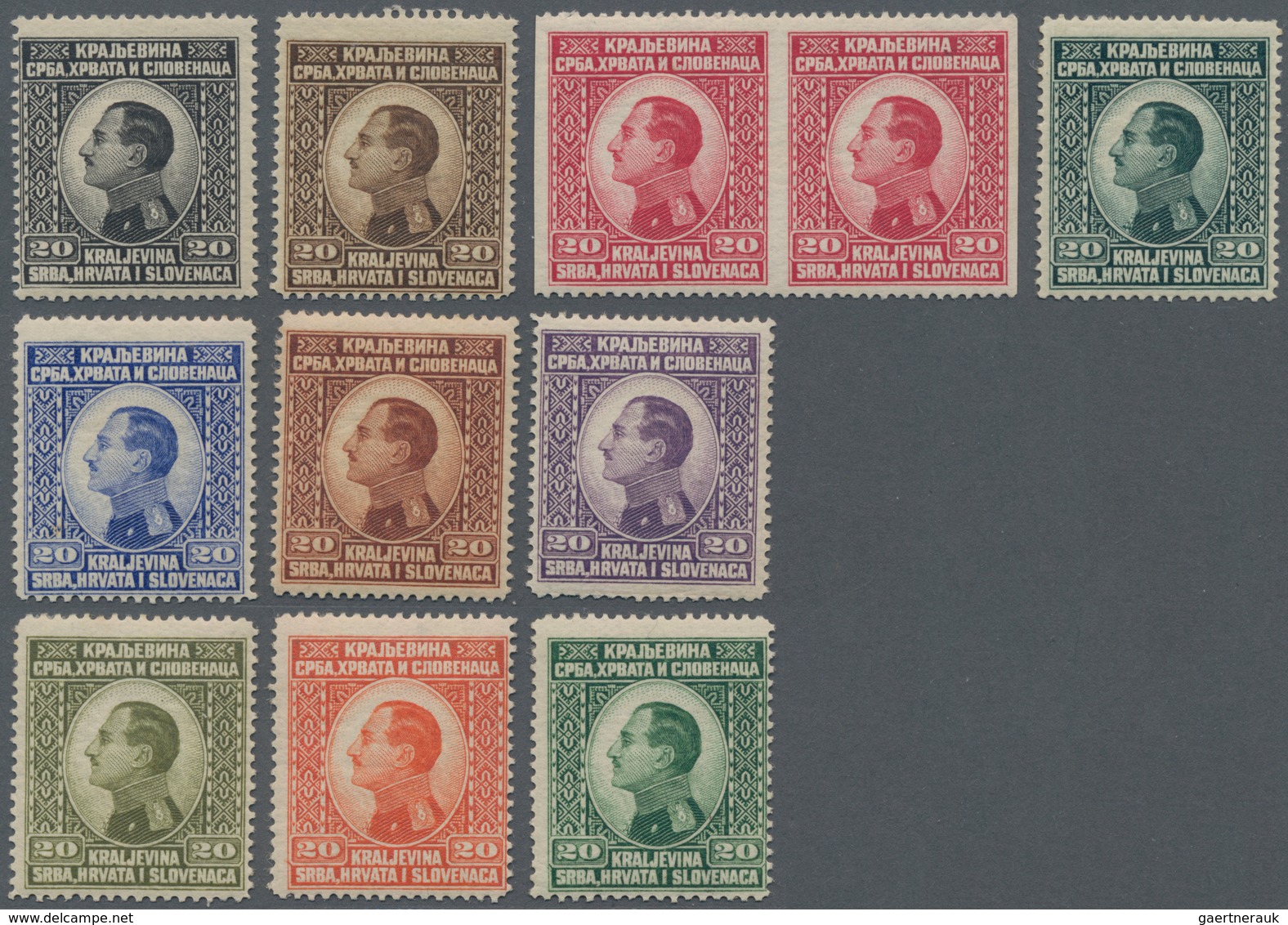 Jugoslawien: 1924 (1 July). King Alexander, Printed By “De La Rue & Co.”, London. COLOUR TRIALS. 20p - Unused Stamps