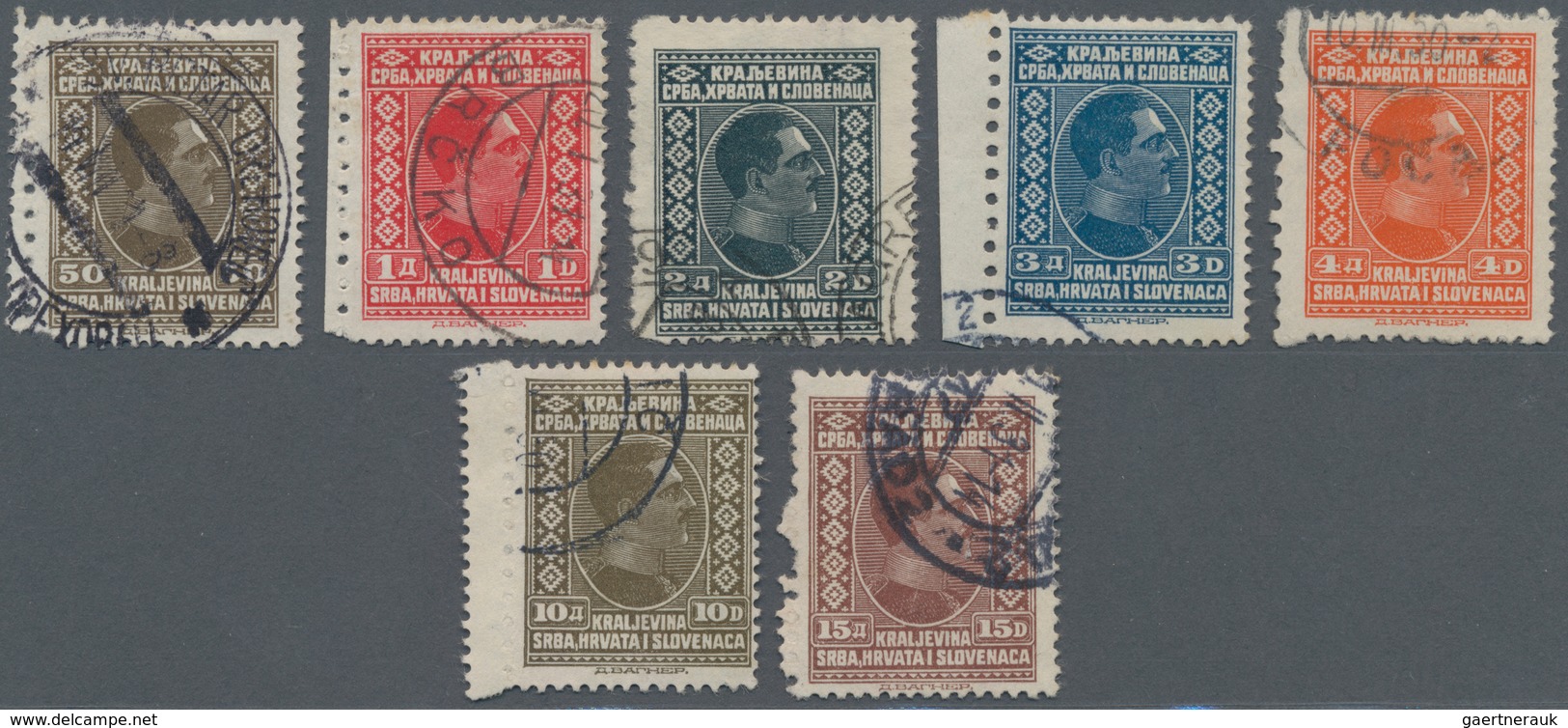 Jugoslawien: 1926 (25 Jan) - 27. King Alexander. 50p Sepia, 1d Scarlet, 2d Black, 3d Dull Blue, 4d V - Neufs