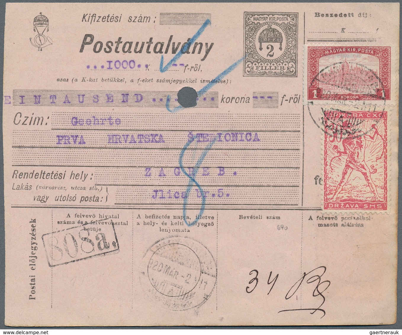 Jugoslawien: 1920, 2f Black/pale Rose Old Hungarian MONEY ORDER For Sum Of 1,000K To Bank In ZAGREB, - Unused Stamps