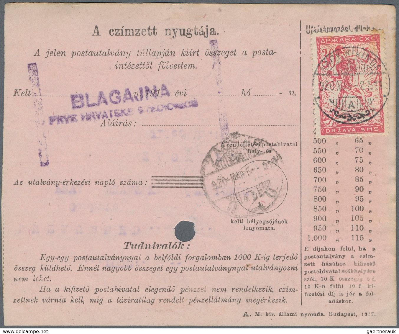 Jugoslawien: 1920, 2f Black/pale Rose Old Hungarian MONEY ORDER For Sum Of 1,000K To Bank In ZAGREB, - Unused Stamps