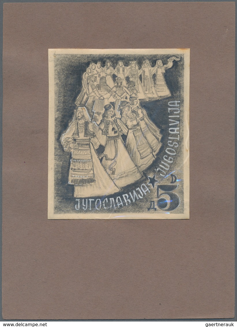 Jugoslawien: 1948 -1950. National Costumes. Artist's Work: 5D, Two Pencil Draqings On White Carton P - Unused Stamps