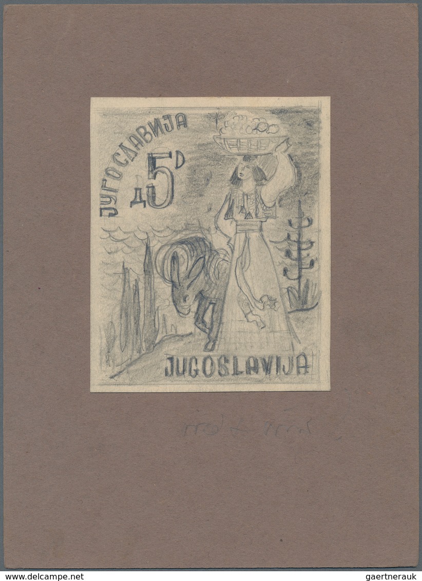 Jugoslawien: 1948 -1950. National Costumes. Artist's Work: 5D, Two Pencil Draqings On White Carton P - Unused Stamps