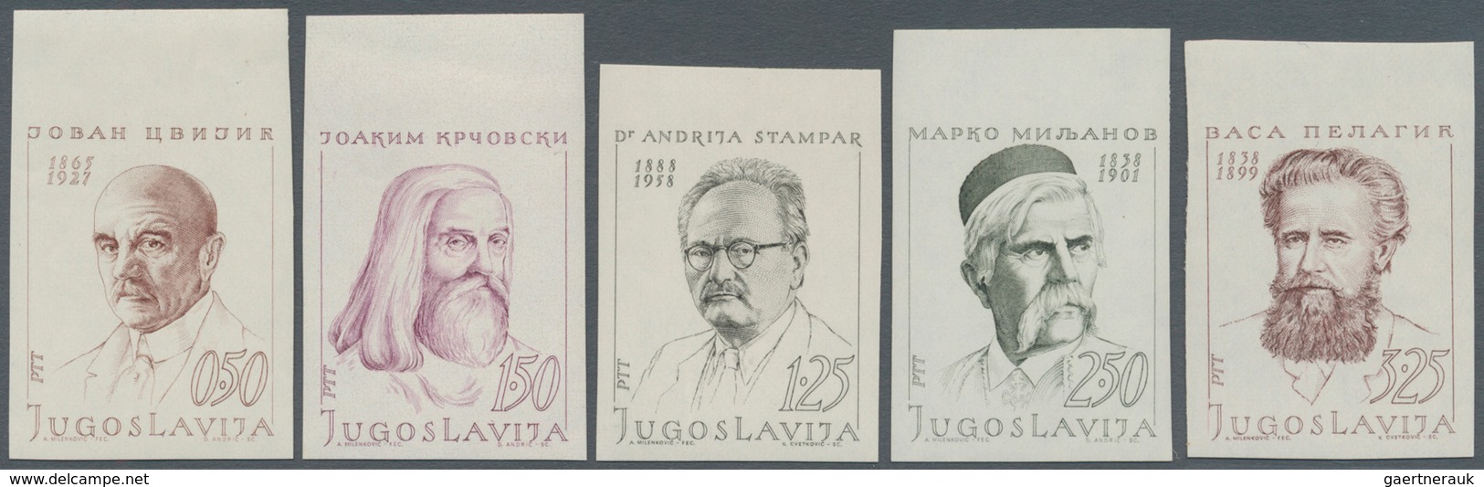 Jugoslawien: 1970 (16 Feb). Famous Yugoslavs. Variety, First Five Values, IMPERF, All With Top Sheet - Unused Stamps
