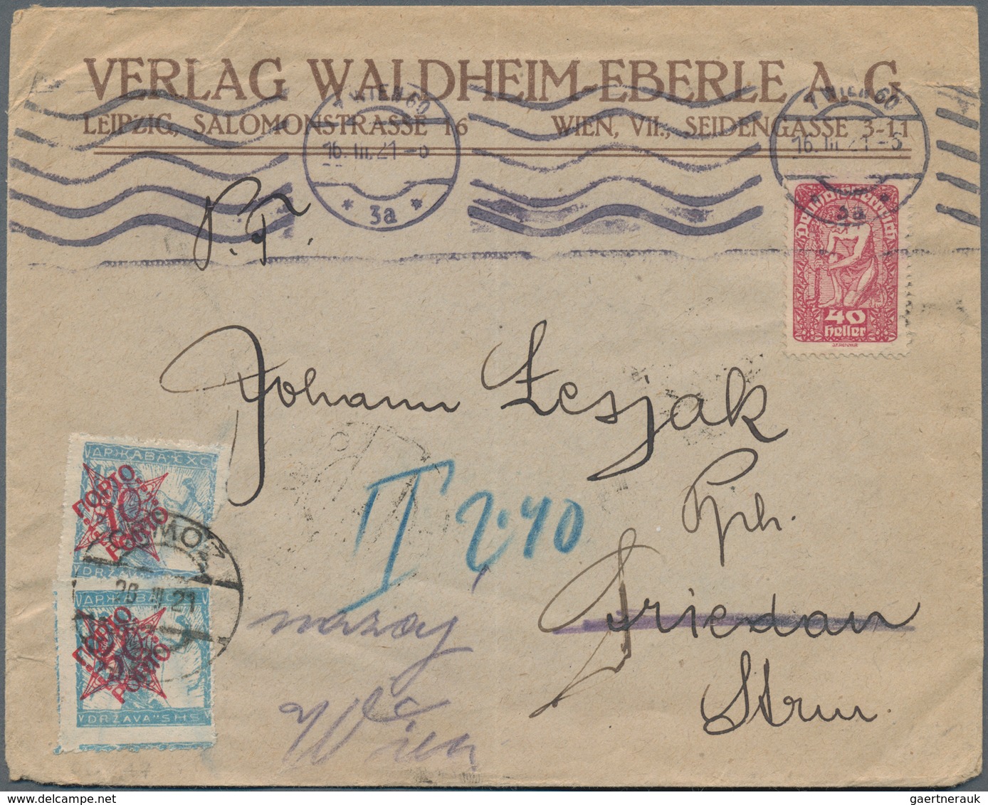 Jugoslawien - Portomarken: 1921. Envelope Addressed To Ormoz Bearing Austria Yvert 200, 40h Carmine - Timbres-taxe