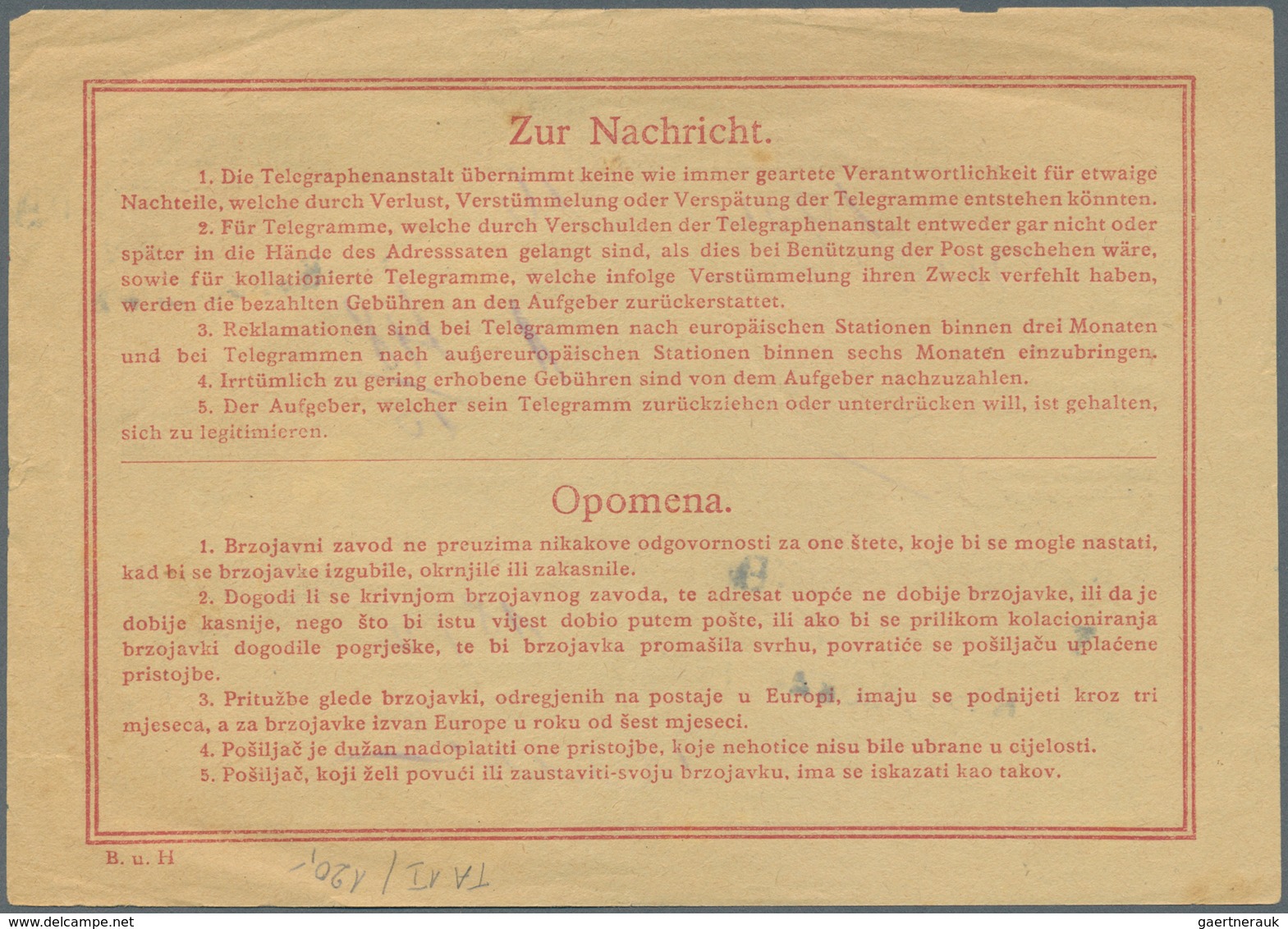 Jugoslawien - Ganzsachen: 1919 Used Receipt For Telegrams With Imprint "DRZAVA S.H.S./Bosna I Herzeg - Entiers Postaux