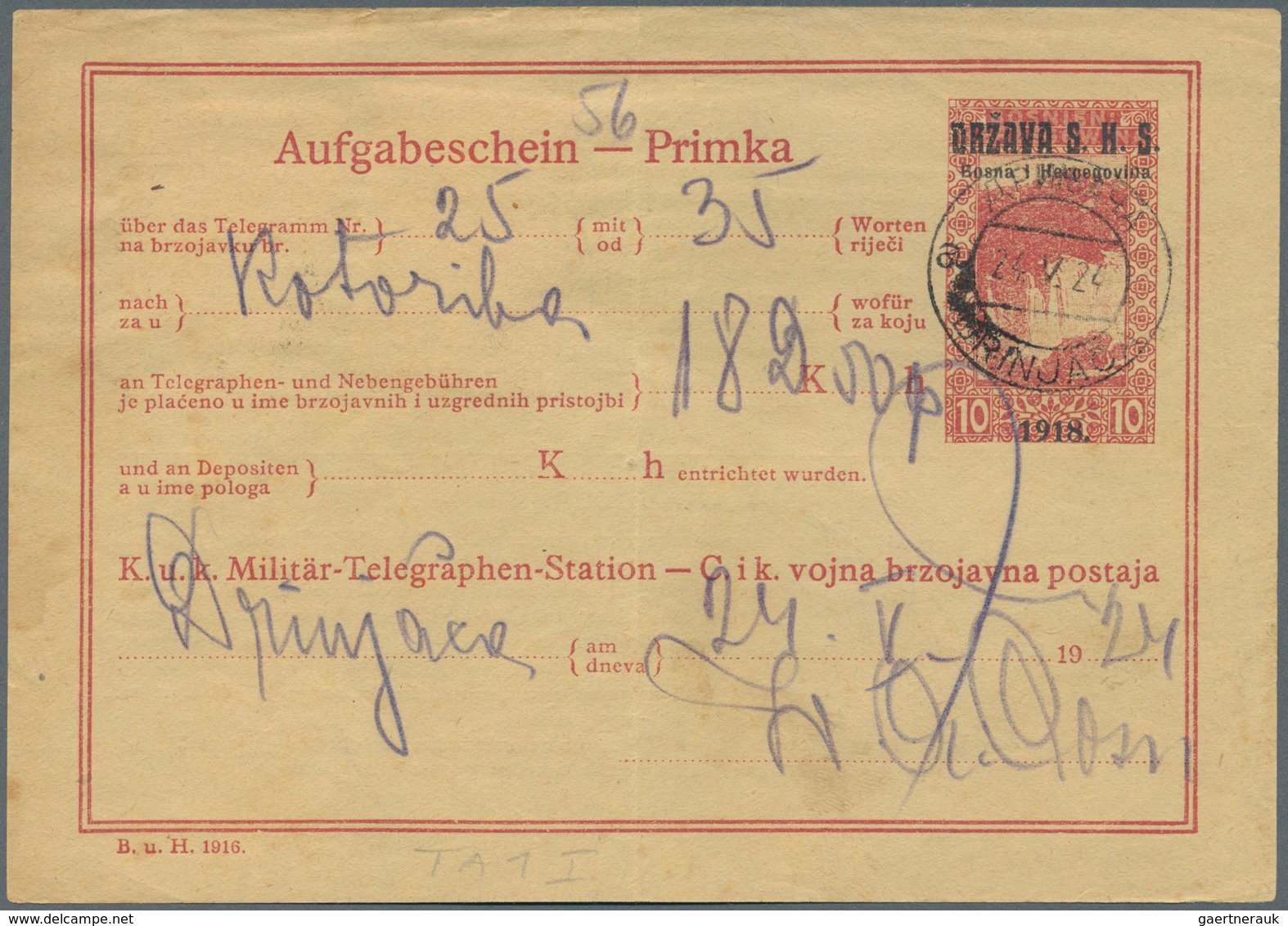 Jugoslawien - Ganzsachen: 1919/24 Two Used Receipts For Telegrams With Imprint "DRZAVA S.H.S./Bosna - Postal Stationery