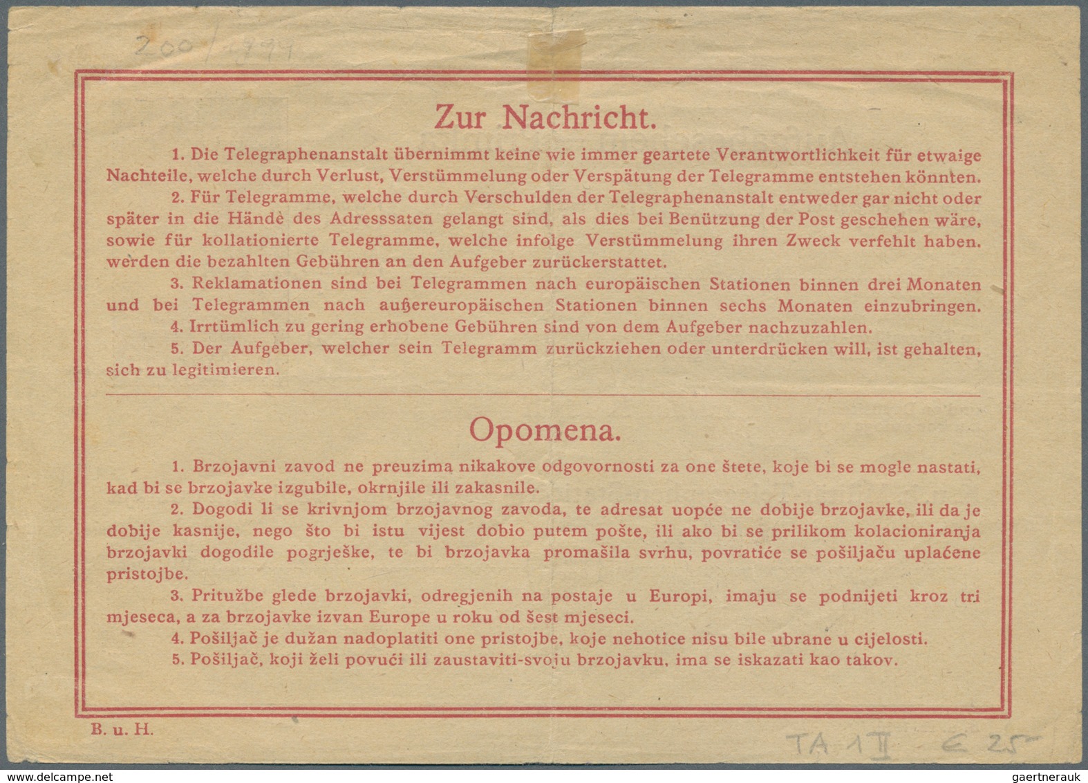 Jugoslawien - Ganzsachen: 1919/24 Two Used Receipts For Telegrams With Imprint "DRZAVA S.H.S./Bosna - Postal Stationery