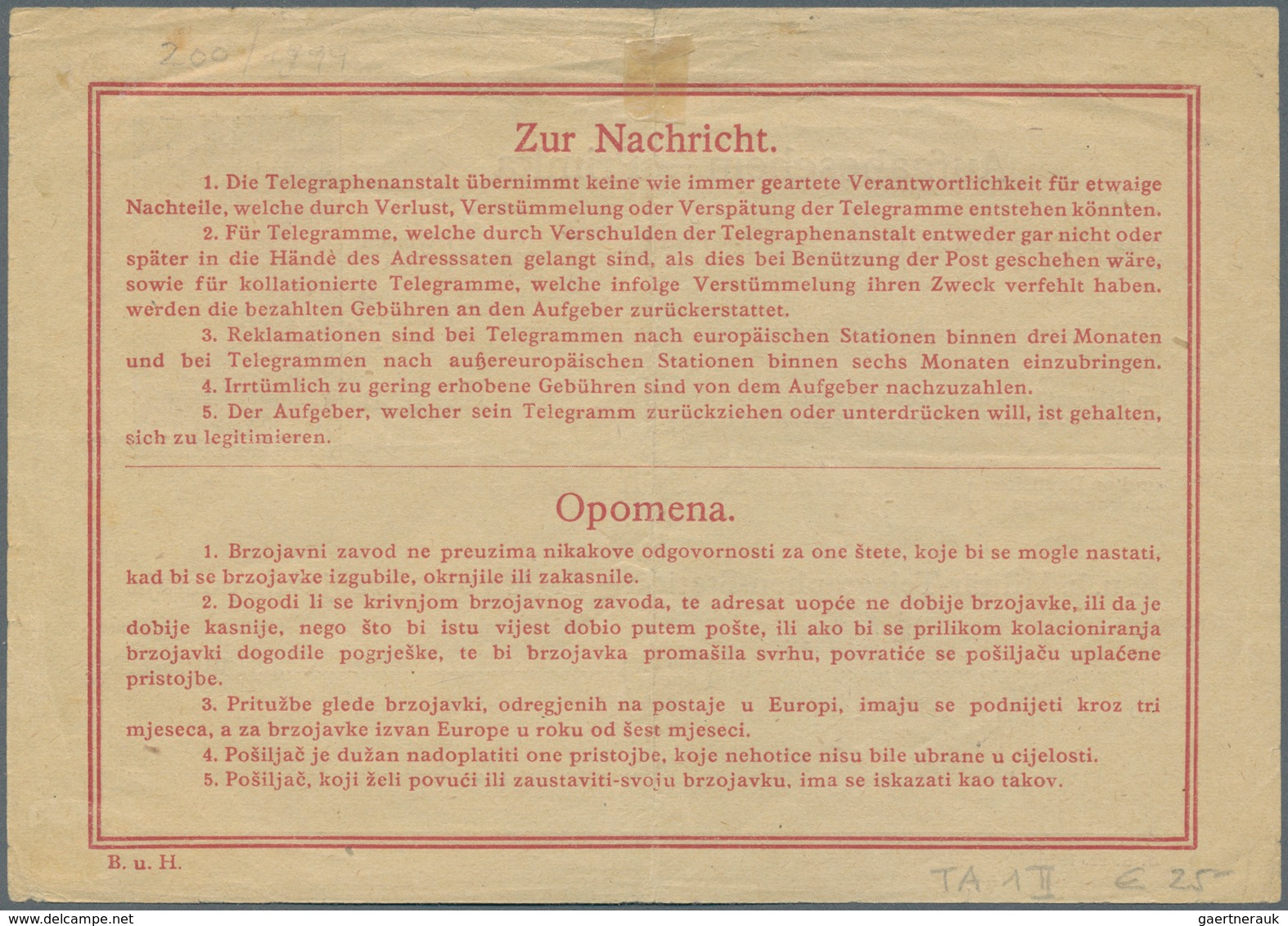 Jugoslawien - Ganzsachen: 1919/24 Two Used Receipts For Telegrams With Imprint "DRZAVA S.H.S./Bosna - Ganzsachen