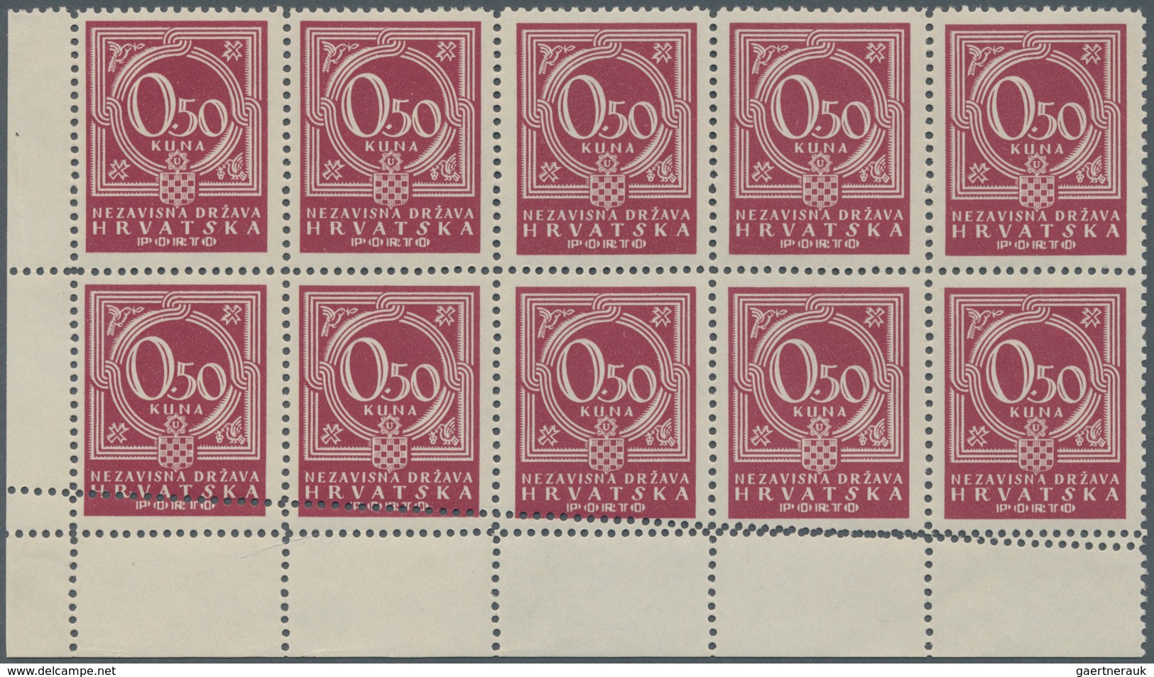 Kroatien: 1941 (12 Sept). Postage Due. 0,50K Claret, Perf L11 1/4. Mint Never Hinged Horizontal Bloc - Croatie