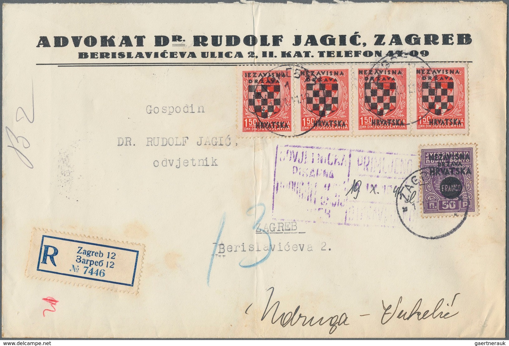 Kroatien: 1941. Larger White Solicitor'S Business Envelope, Locally Registered, Bearing Horizontal S - Croatie