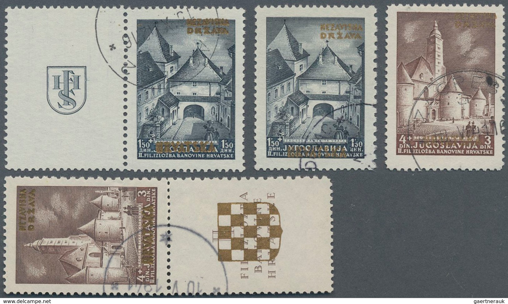 Kroatien: 1941, 1.50 Din. + 1.50 Din. And 4 Din. + 3 Din. Exhibition Stamps With Gold Imprint. Here - Croatia