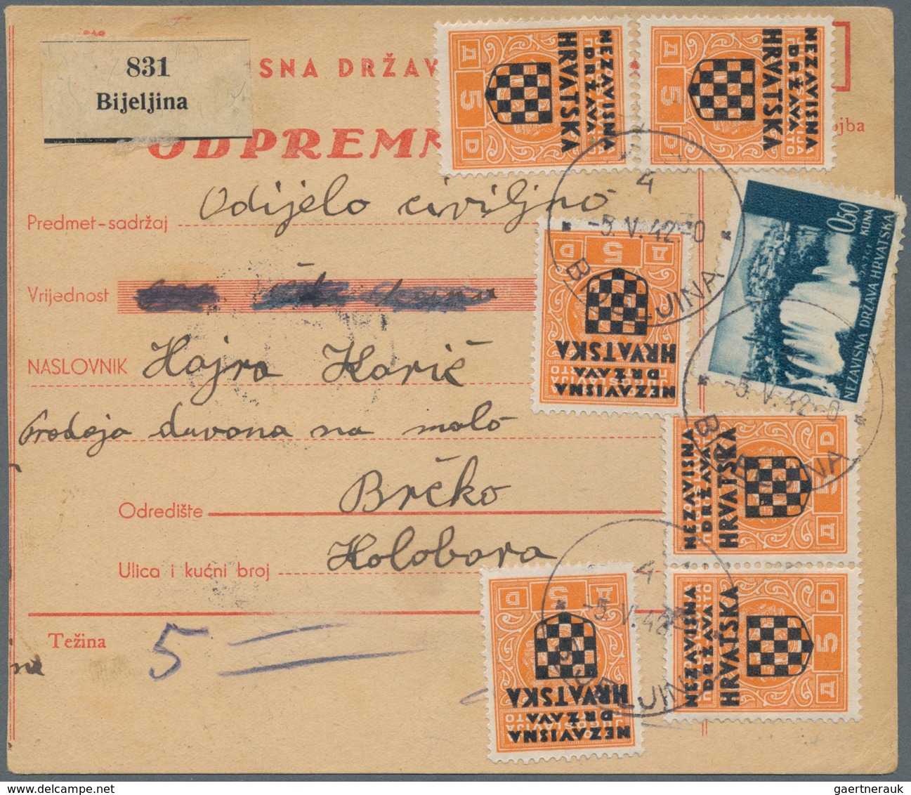 Kroatien: 1942. 50b Red/chamois Parcel Card Accompanying A 5 Kg. Parcel To An Address In BRCKO, Addi - Croatie