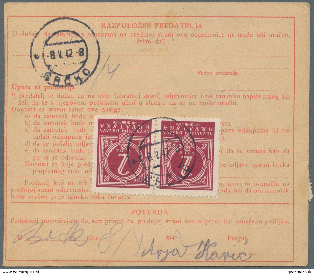 Kroatien: 1942. 50b Red/chamois Parcel Card Accompanying A 5 Kg. Parcel To An Address In BRCKO, Addi - Croatie