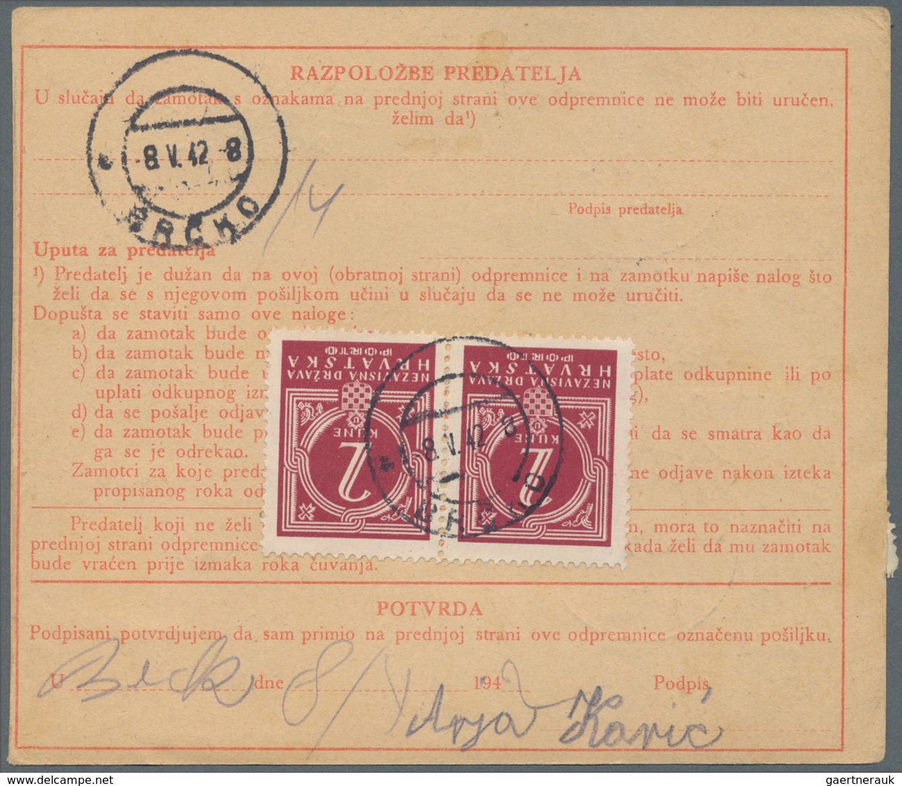 Kroatien: 1942. 50b Red/chamois Parcel Card Accompanying A 5 Kg. Parcel To An Address In BRCKO, Addi - Kroatien