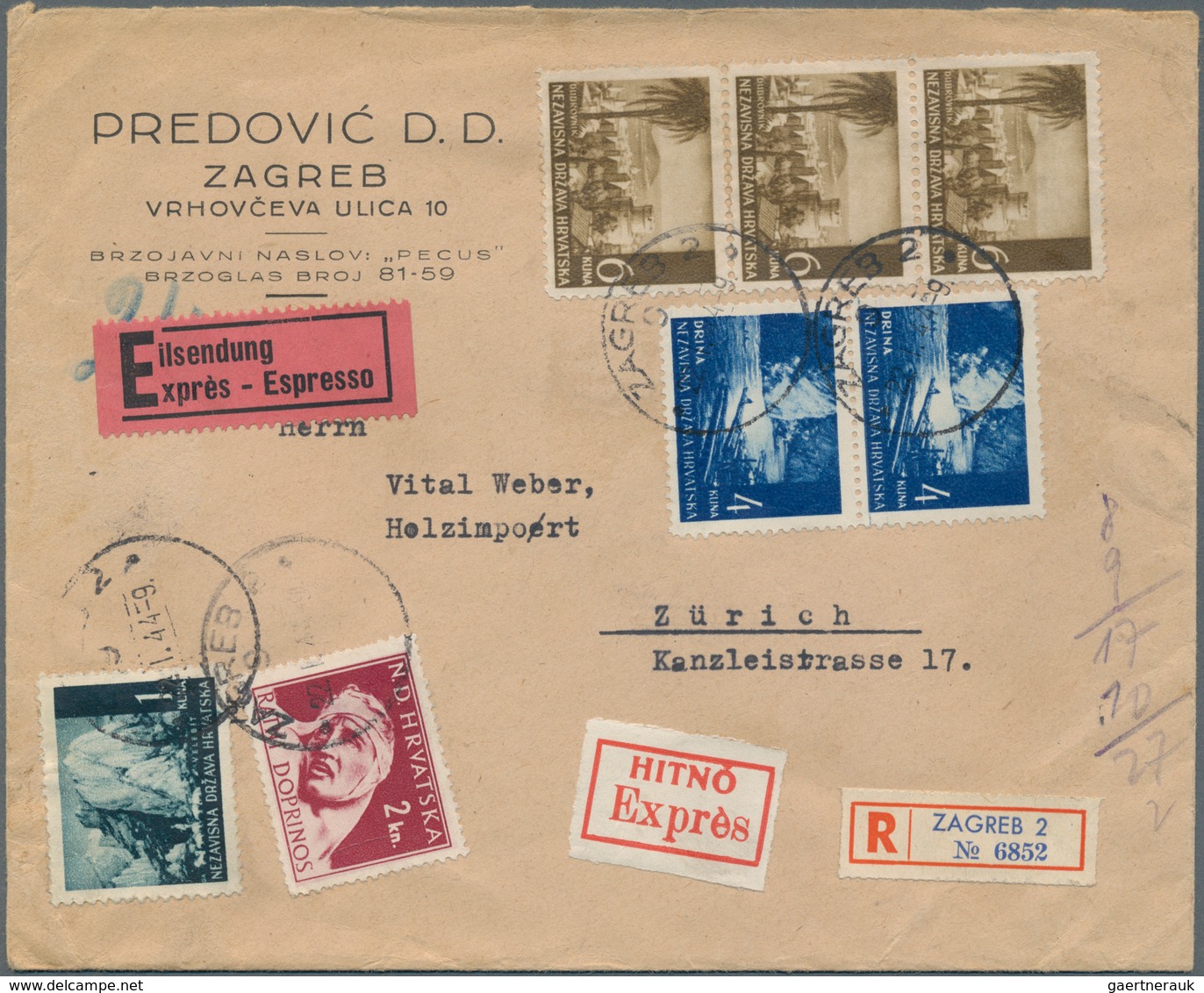 Kroatien: 1944. Registered Express Letter To ZURICH (endorsed 21 Kg), A High Franking Of 27 Kuna Req - Kroatien