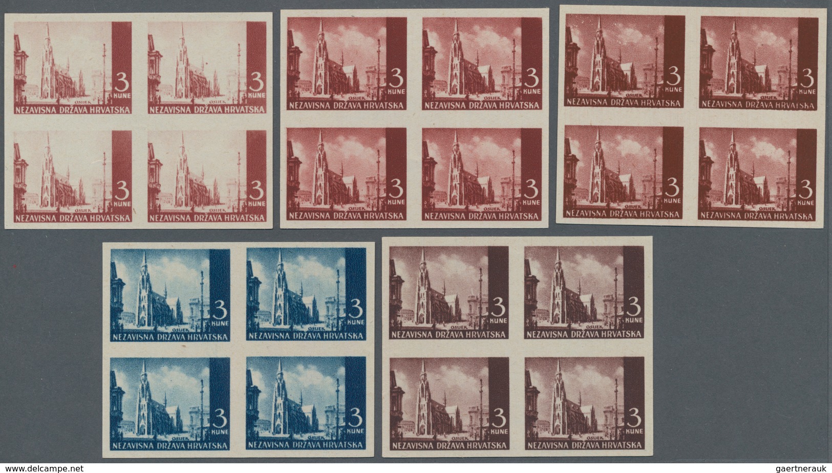 Kroatien: 1942 (10 July). Pictorials (Osijek Cathedral). 3K Red-brown, 3K Deep Red-brown (two Shades - Croatie