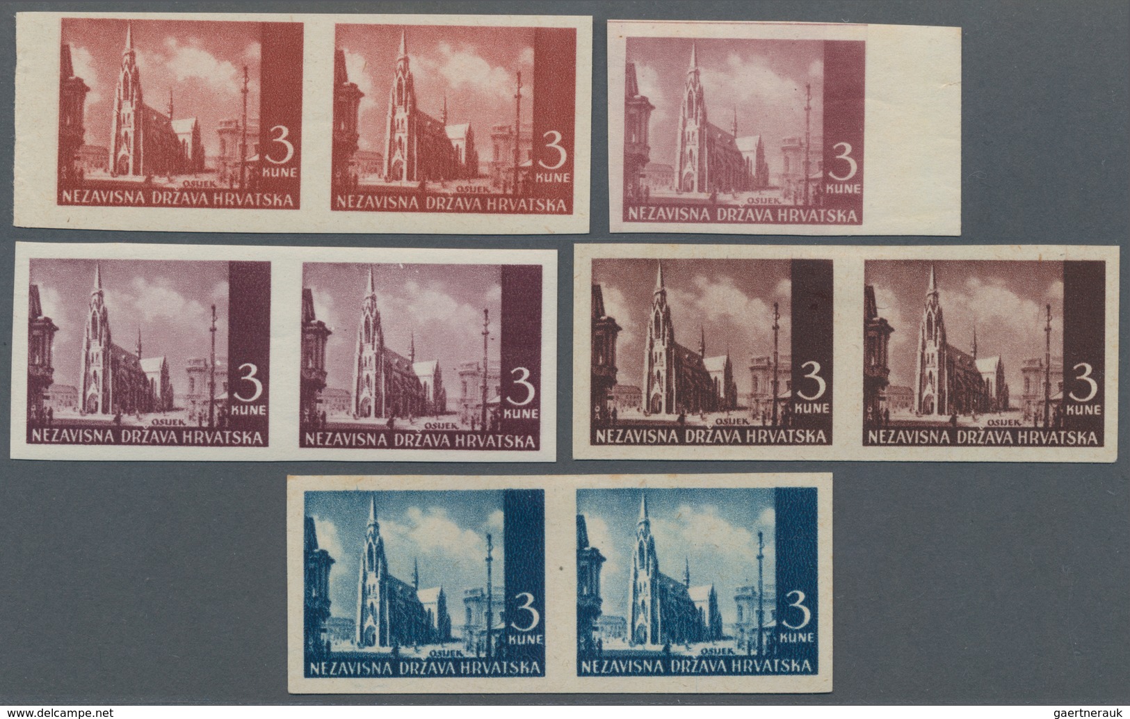 Kroatien: 1942 (10 July). Pictorials (Osijek Cathedral). 3K Red-brown, Light Purple, Purple, Purple- - Croatia