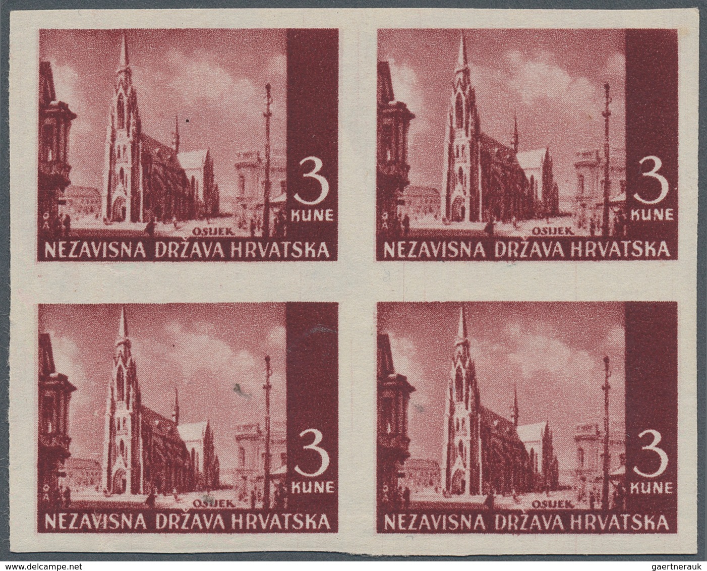 Kroatien: 1942 (10 July). Pictorials (Osijek Cathedral). 3K Deep Brown-lake, IMPERF, Offset Paper. M - Croatia