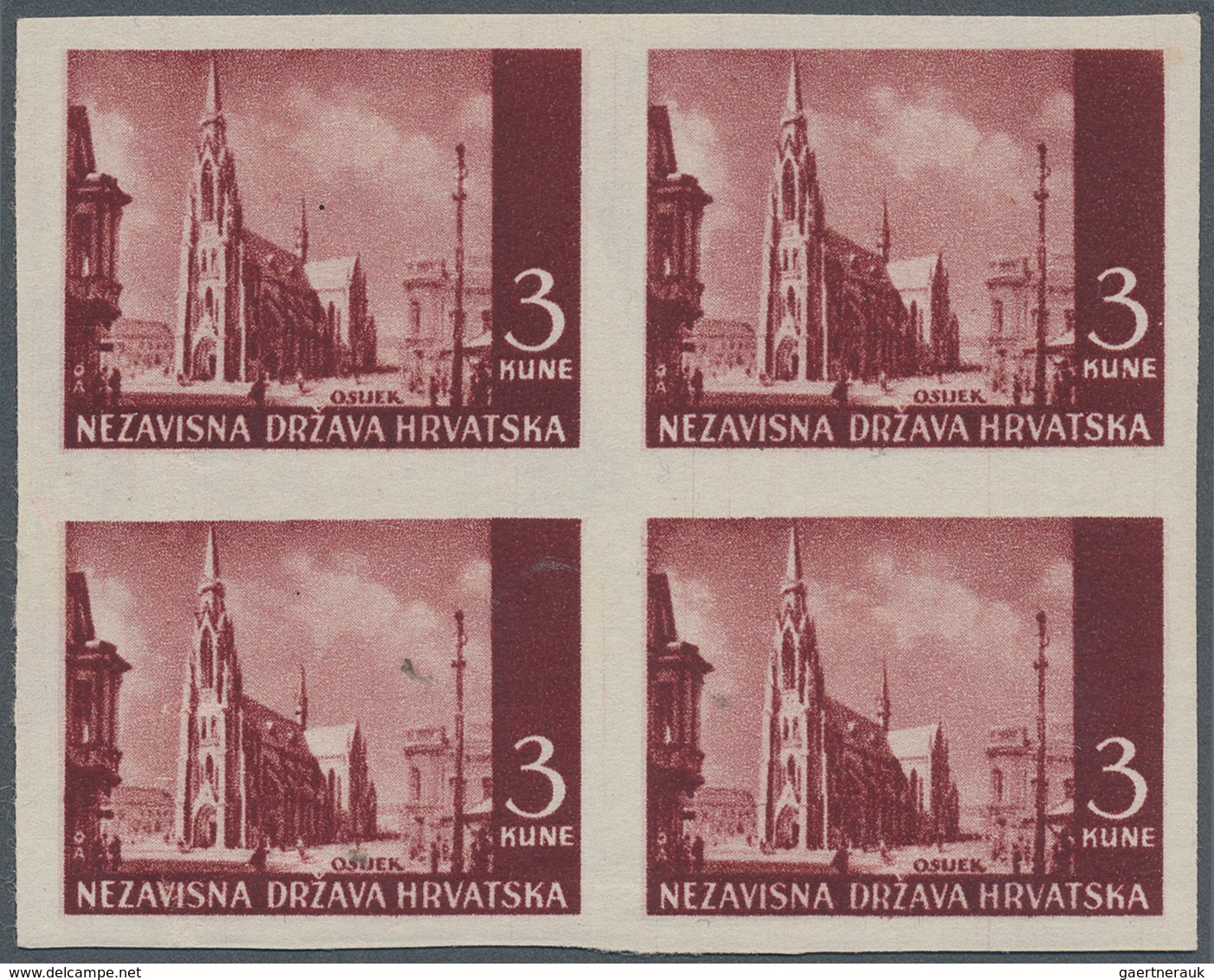 Kroatien: 1942 (10 July). Pictorials (Osijek Cathedral). 3K Deep Brown-lake, IMPERF, Offset Paper. M - Kroatien