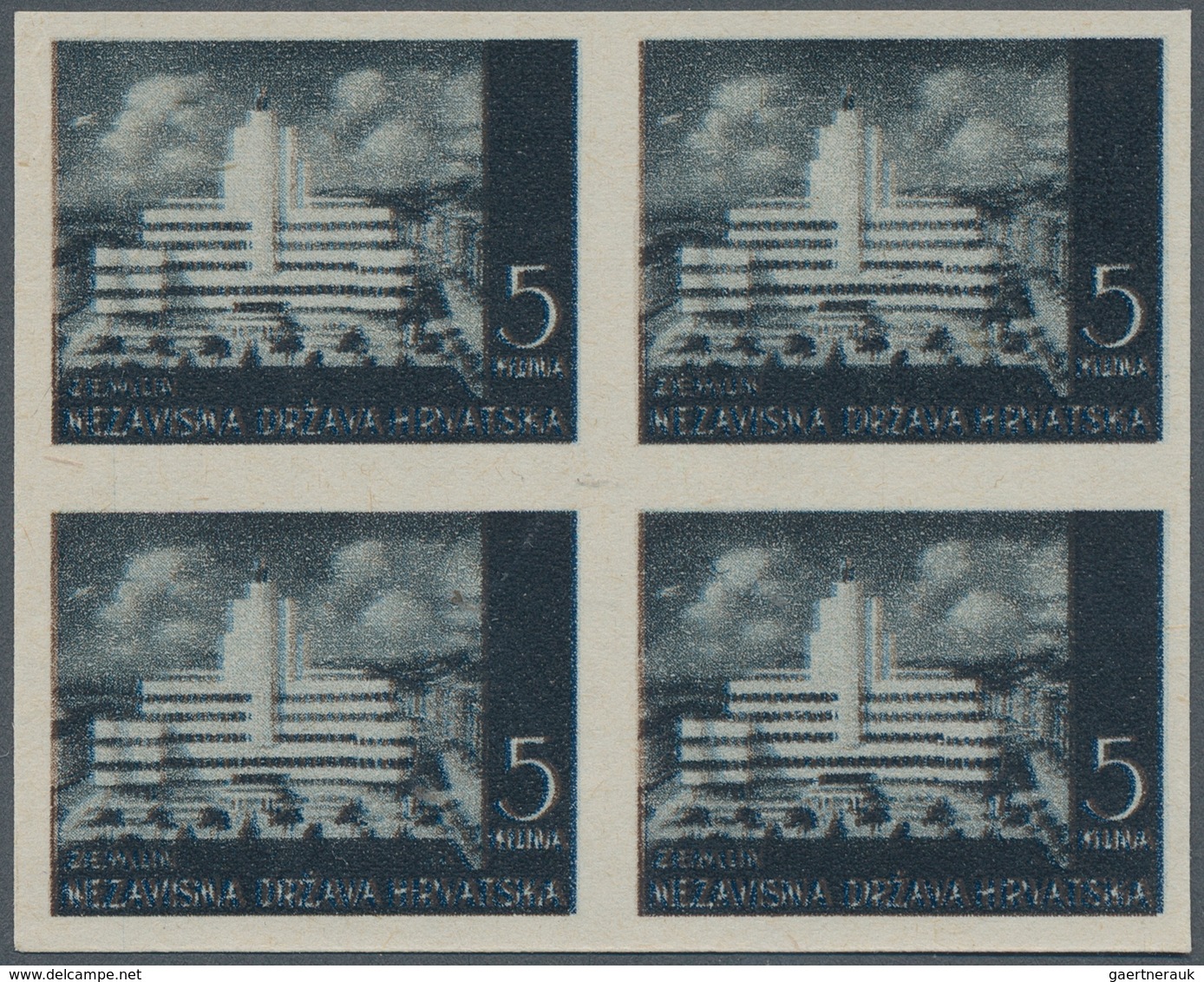 Kroatien: 1942 (7 Sep). Pictorials (Modern Building In Zemun). COLOUR TRIALS . 5K Black In Bright Vi - Croatia