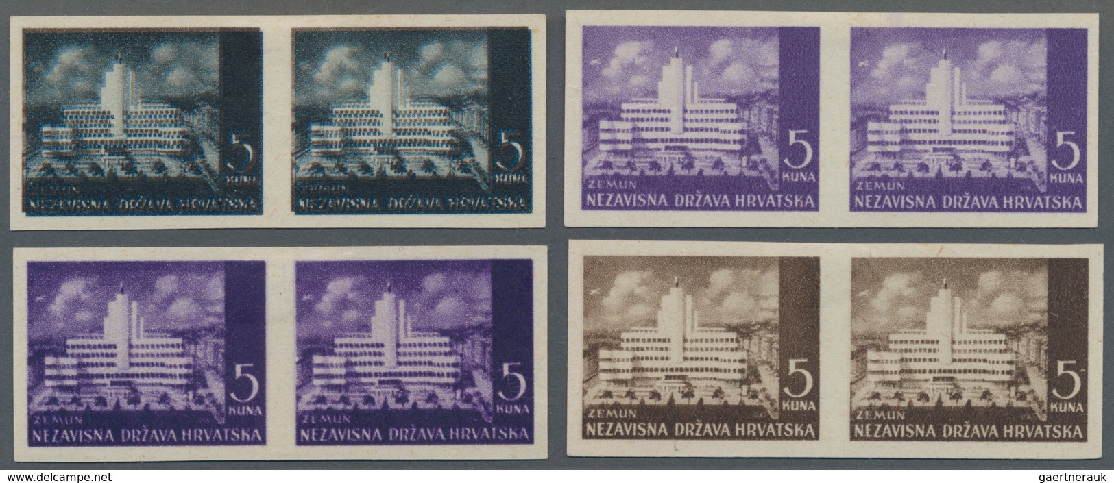 Kroatien: 1942 (7 Sep). Pictorials (Modern Building In Zemun). COLOUR TRIALS . 5K Black On Blue, Vio - Croatie