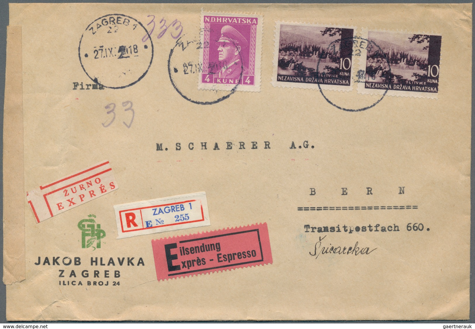 Kroatien: 1944. “JAKOB HVALKA” Business Envelope Despatched Registered Express To BERNE, Correct Rat - Croatia