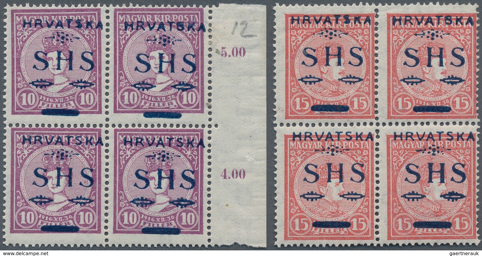Kroatien: 1918, Stamps Of Hungary With Overprint In Mint Block Of Four, Certificate Ercegovic (Mi€fo - Croatie