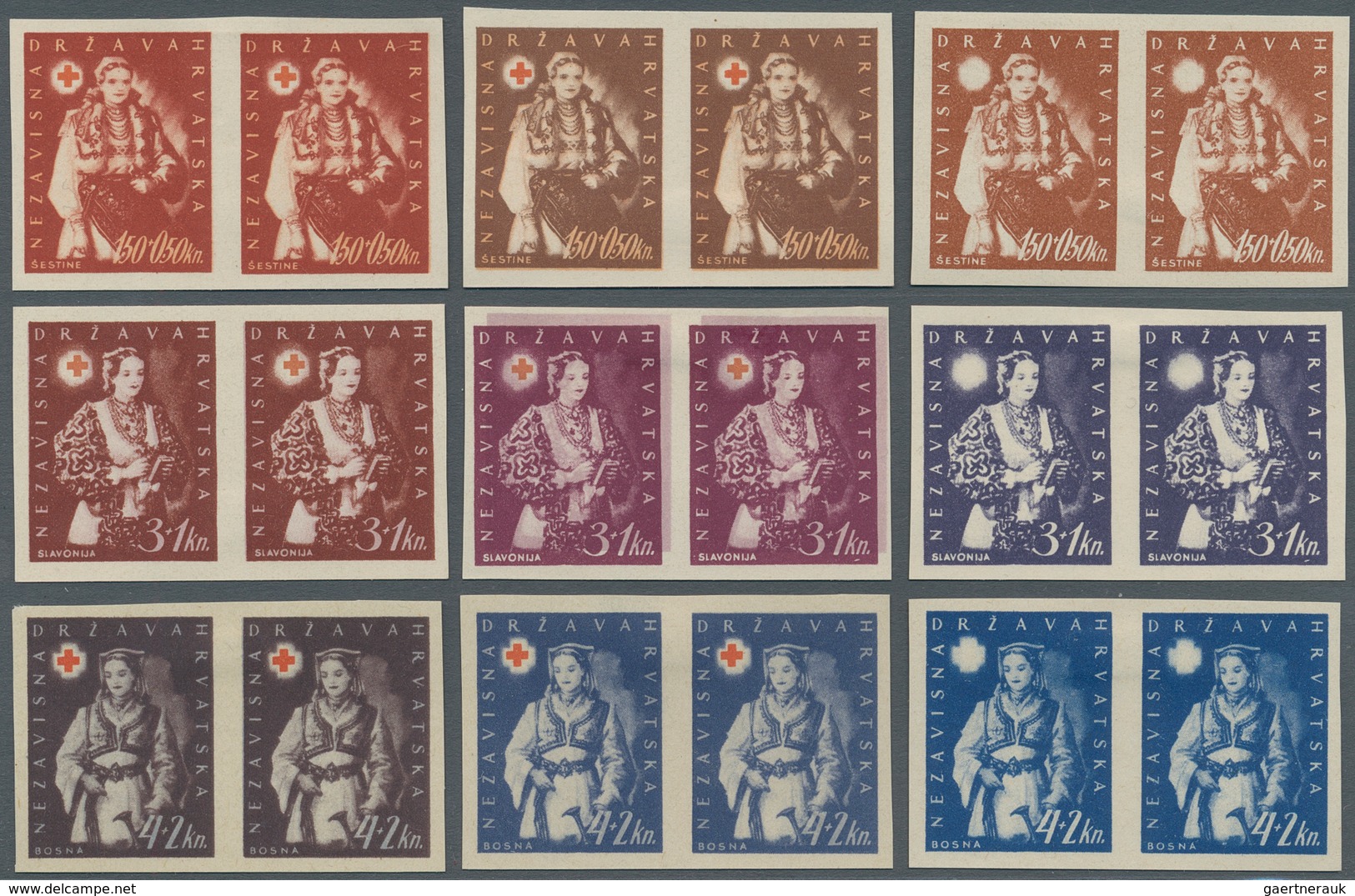 Kroatien: 1942 (4 Oct). Red Cross Fund. Two Sets Of Five Of COLOUR TRIALS, Ungummed Thick Paper, IMP - Croatia