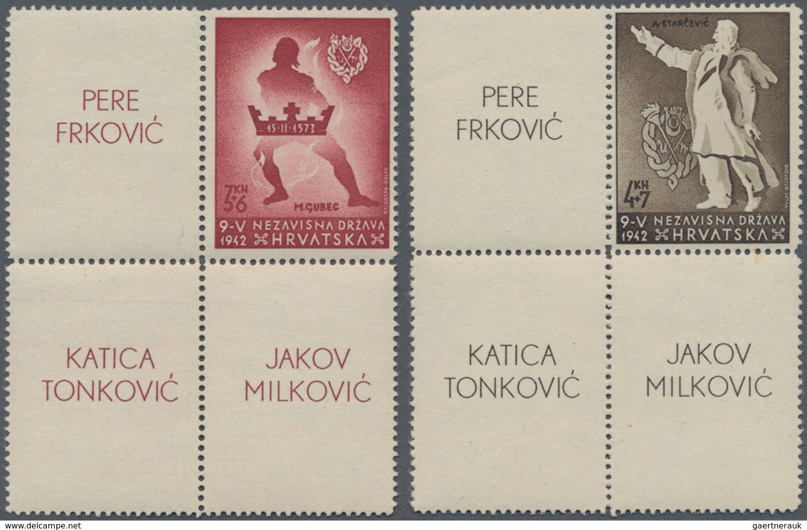 Kroatien: 1942 (22 Nov). Croat ("Ustascha") Youth Fund. Variety: 3K + 6K Brownish-carmine (Matja Gub - Kroatien