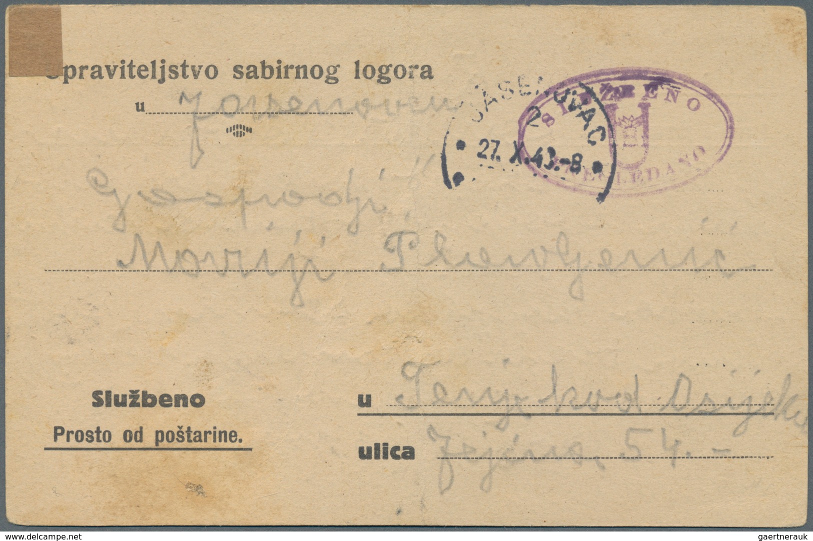 Kroatien: 1943 . Jasenovac Camp. General Form (name Of Camp In Manuscript), To An Address In TENJE, - Croatia