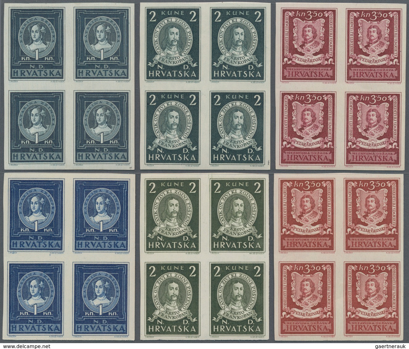 Kroatien: 1943, 1 K To 3.50 K. Famous Croats Imperforated In Blocks Of Four And 3 Color Samples In B - Kroatien