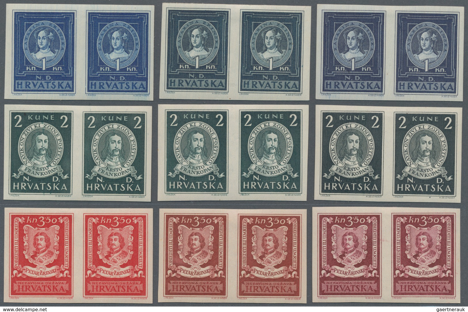 Kroatien: 1943 (7 June). Famous Croats.  COLOUR TRIALS . Set Of Three, IMPERF, Each Value In Fine Mi - Croatia