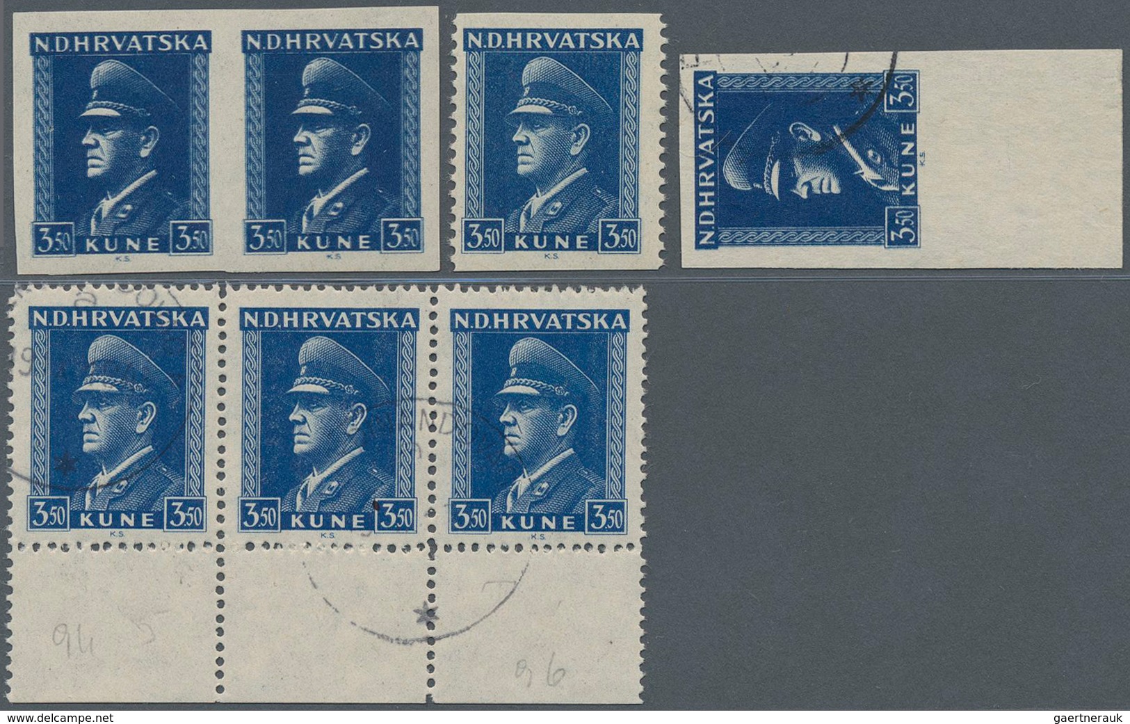 Kroatien: 1943, 3.50 K. Blue President Pavelic In Imperforate Double Piece, Single Stamp Horizontal - Kroatien