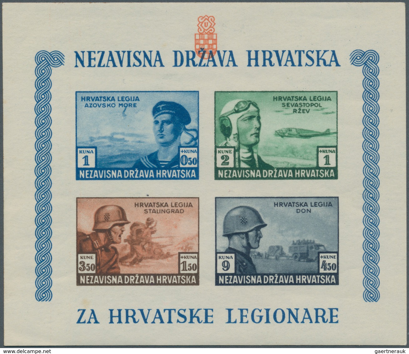 Kroatien: 1943 (1 July). Croat Legion Relief Fund. Variety: 1K + 0,50K Dark Blue, 2K + 1K Dark Green - Croatia