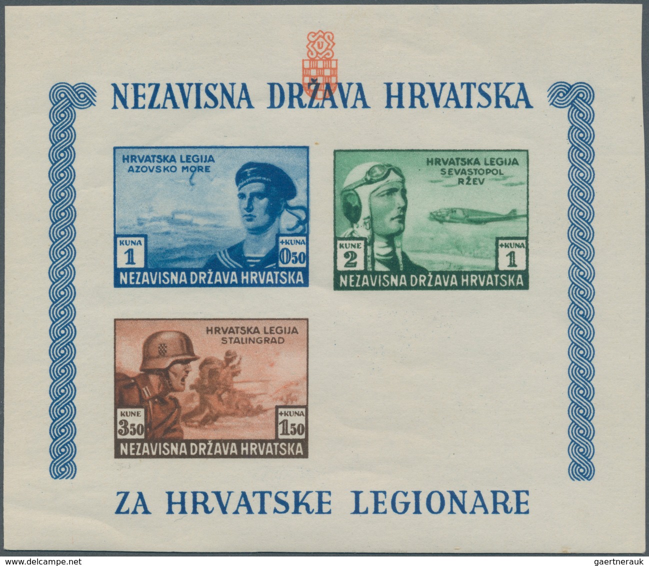 Kroatien: 1943 (1 July). Croat Legion Relief Fund. Variety: 1K + 0,50K Dark Blue, 2K + 1K Dark Green - Kroatien