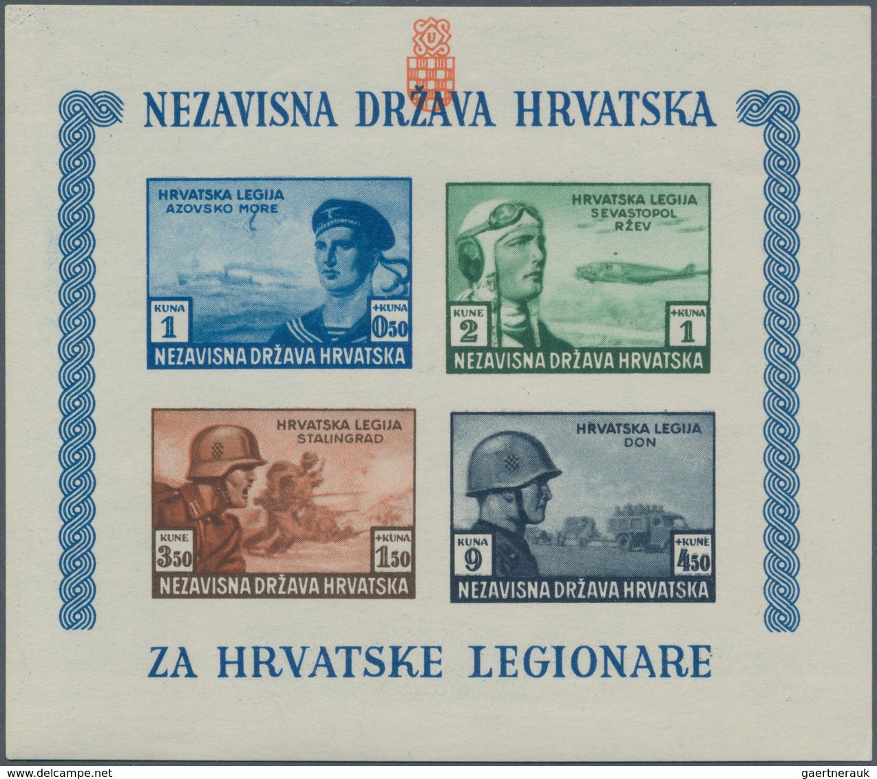 Kroatien: 1943 (1 July). Croat Legion Relief Fund. Variety: 1K + 0,50K Dark Blue, 2K + 1K Dark Green - Kroatien