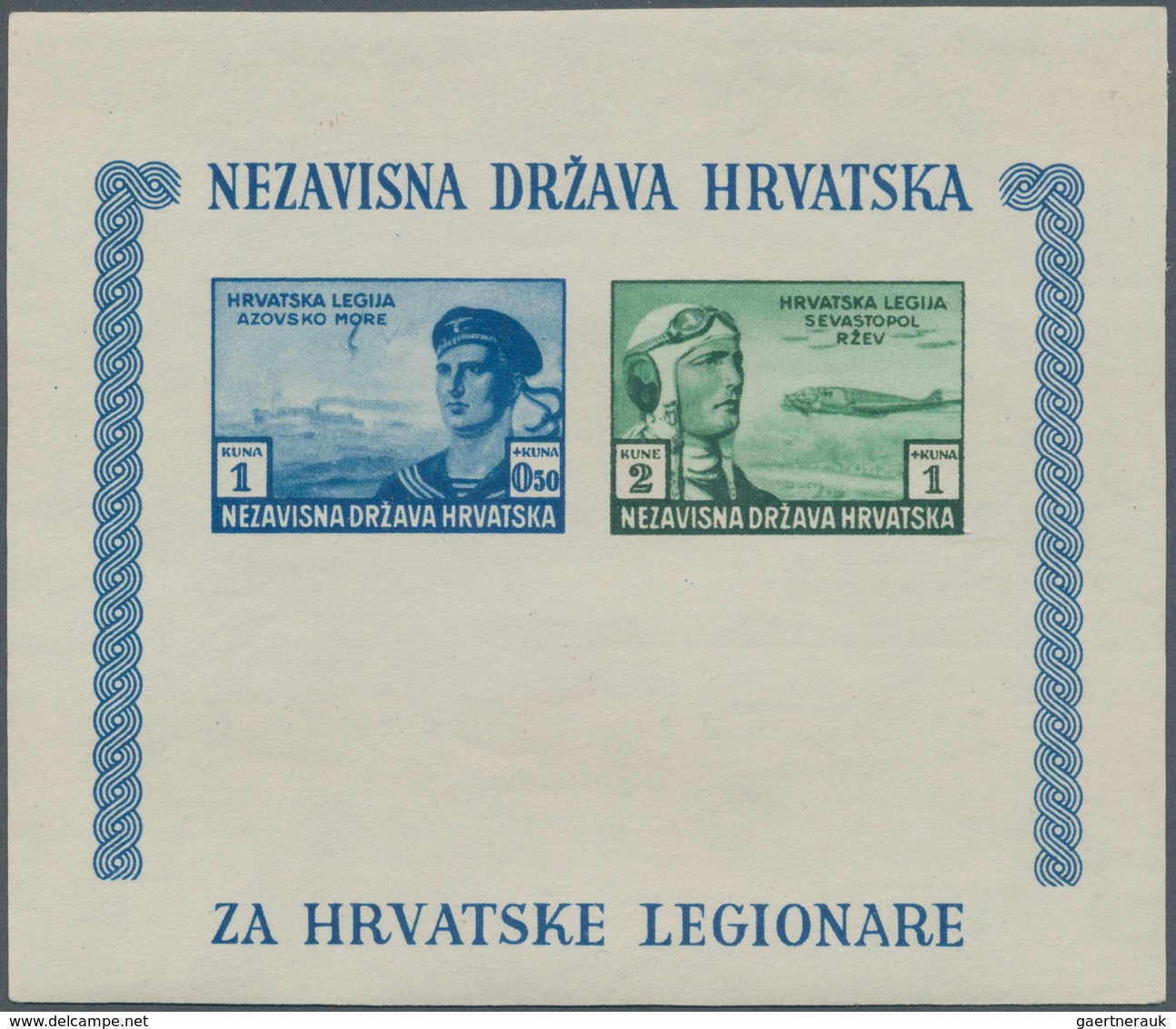 Kroatien: 1943 (1 July). Croat Legion Relief Fund. Variety: 1K + 0,50K dark blue, 2K + 1K dark green