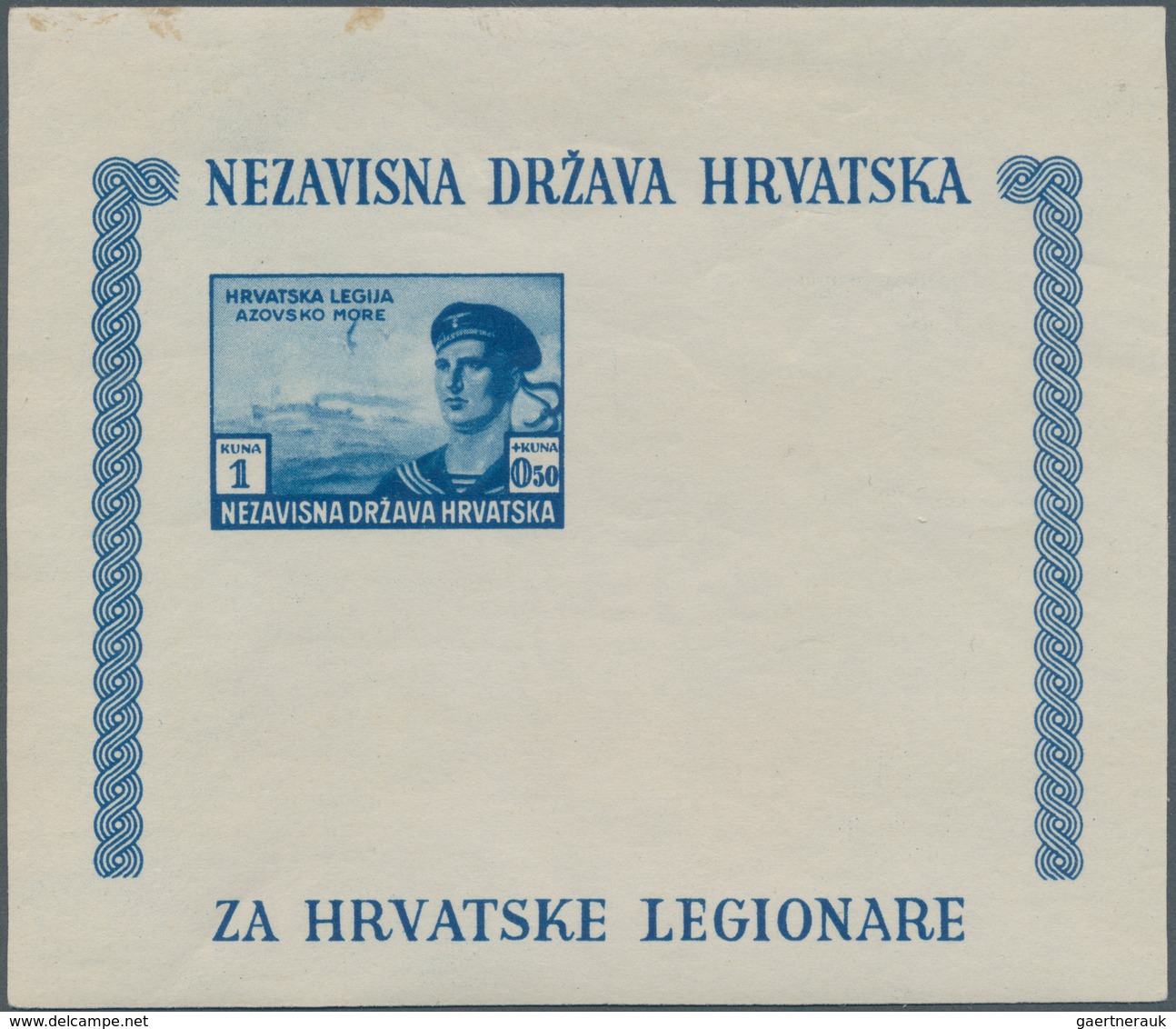 Kroatien: 1943 (1 July). Croat Legion Relief Fund. Variety: 1K + 0,50K dark blue, 2K + 1K dark green