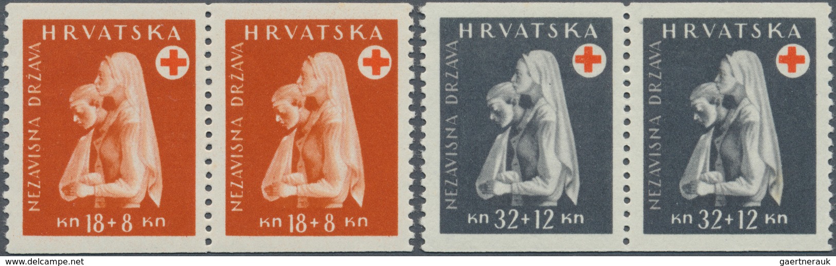 Kroatien: 1943 Rotes Kreuz, Kompl. Satz Von 10 Werten In Postfrischen, Waagrecht Ungezähnten Paaren. - Kroatien