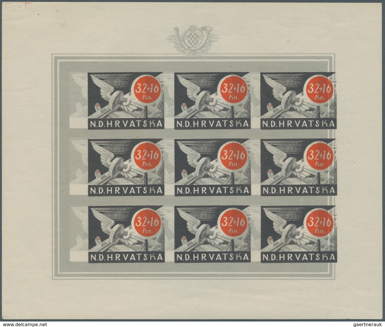 Kroatien: 1944 (3 Feb). Postal and Railway Employees Fund. Variety: 7K + 3.50K brown and bistre, 16K