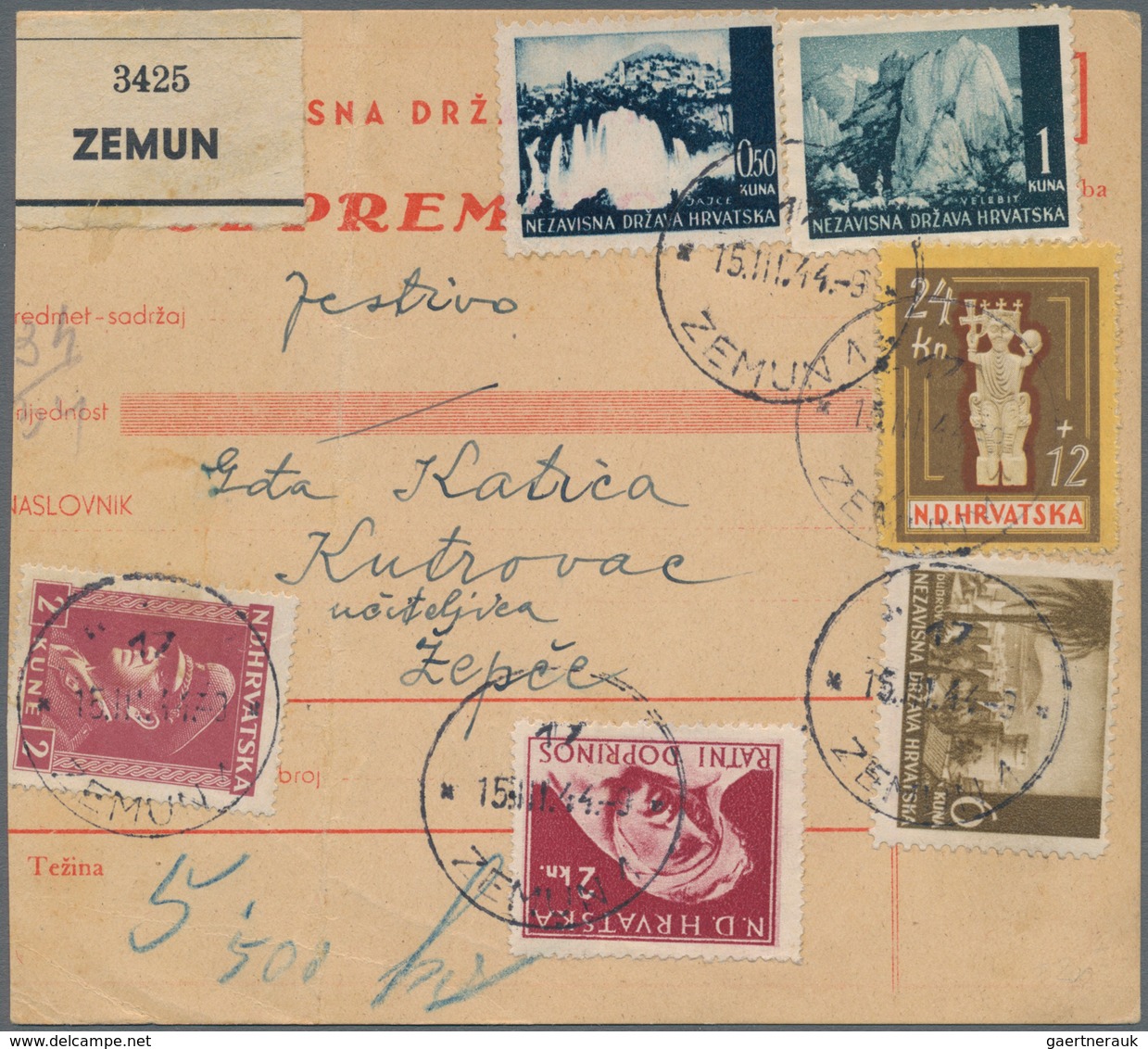 Kroatien: 1944. 2K Red/yellowish Parcel Card Accompanying A Food Parcel Weighing 5.5 Kg., Addressed - Kroatien