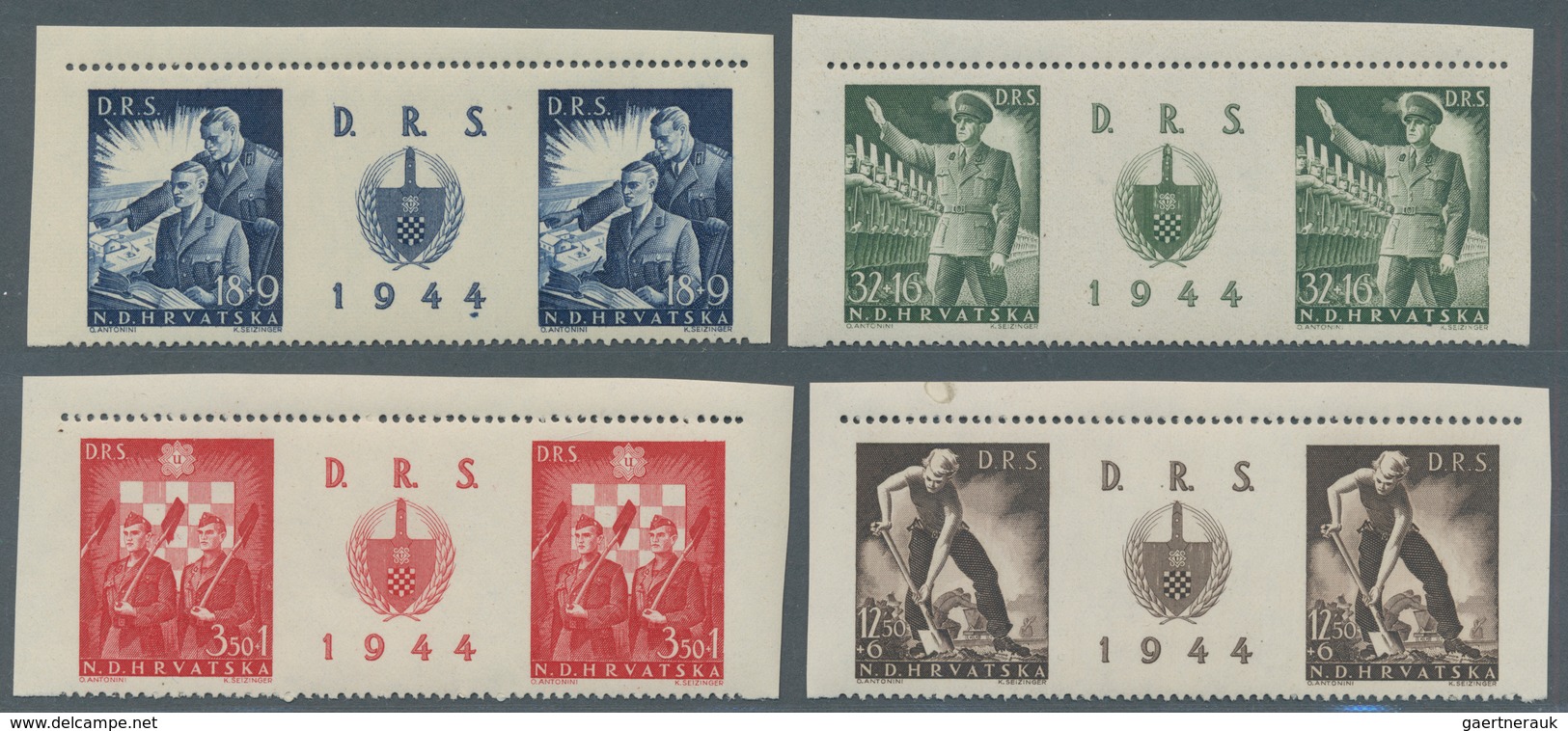 Kroatien: 1944 (20 Aug). Labour Front. 3K50 + 1K Scarlet, 12K50 + 6K Sepia, 18K + 9K Blue And 32K + - Croatie