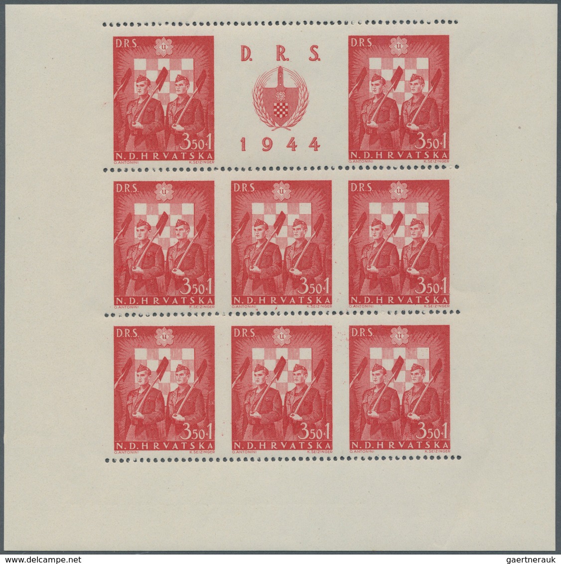 Kroatien: 1944. Labour Front. 3K50 +1 Scarlet, 12K50+6 Sepia, 18K+9 Blue And 32K+16 Green, Perf L 12 - Croatia