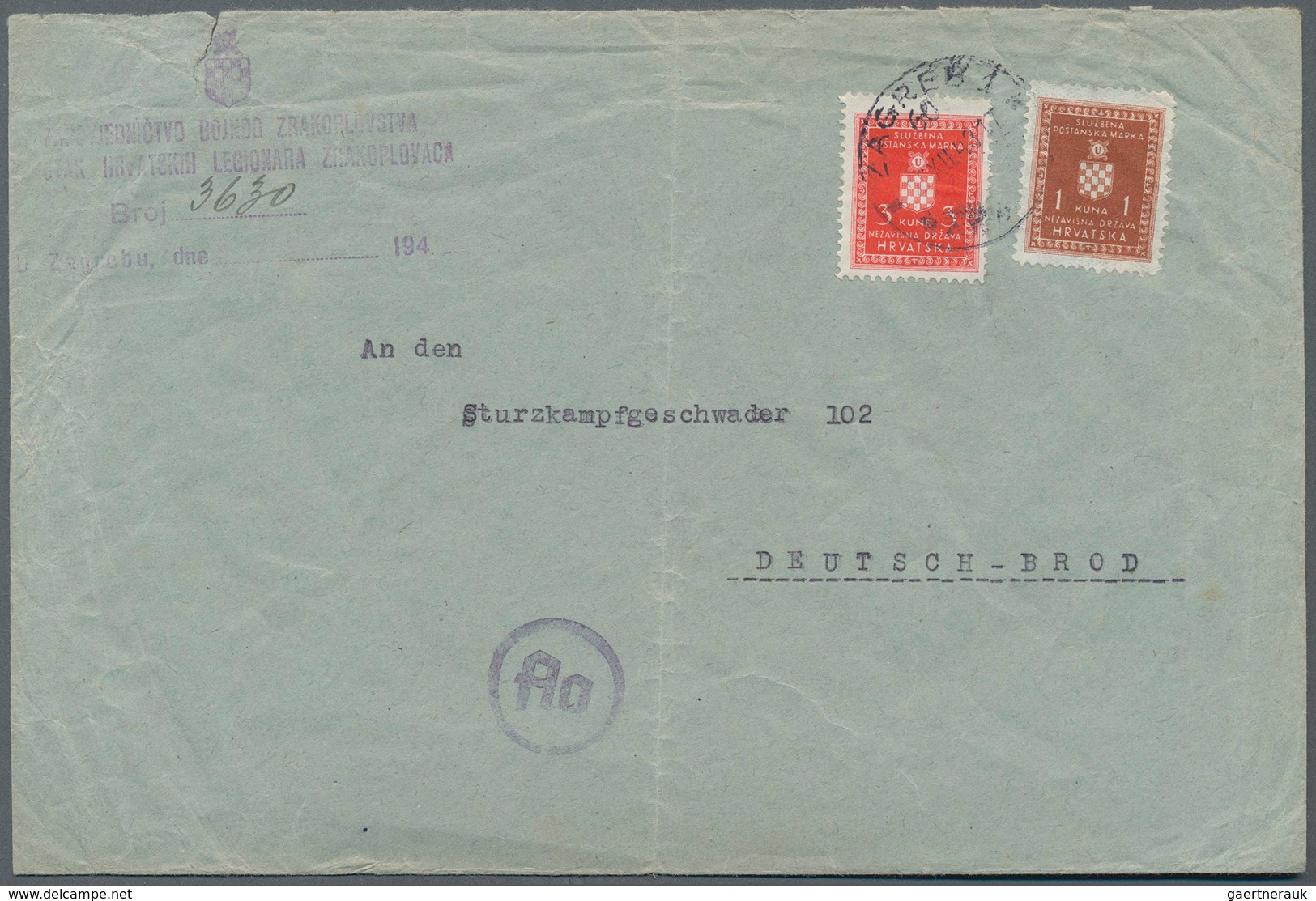 Kroatien - Dienstmarken: 1943, Real Used Official Letter To The Dive Squadron 102 In German-Brod Fra - Croatie