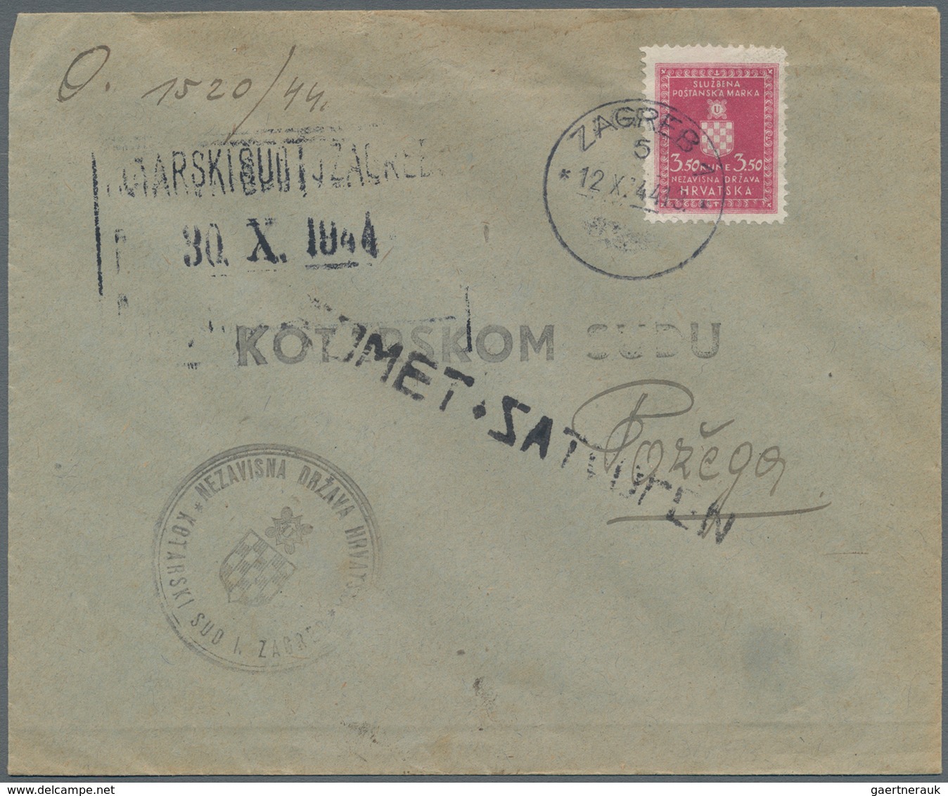 Kroatien - Dienstmarken: 1944, 3.50k. Deep Rose, Single Franking On Official Cover From "ZAGREB 12.X - Croatie